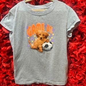 SO Girls Size Large Dog Soccer Game On Gray T-shirt